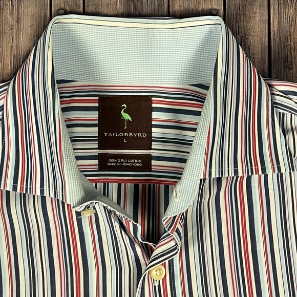 TAILORBYRD MENS LARGE COTTON LONG SLEEVE BUTTON UP BLUE RED WHITE STRIPE SHIRT - Picture 2 of 7